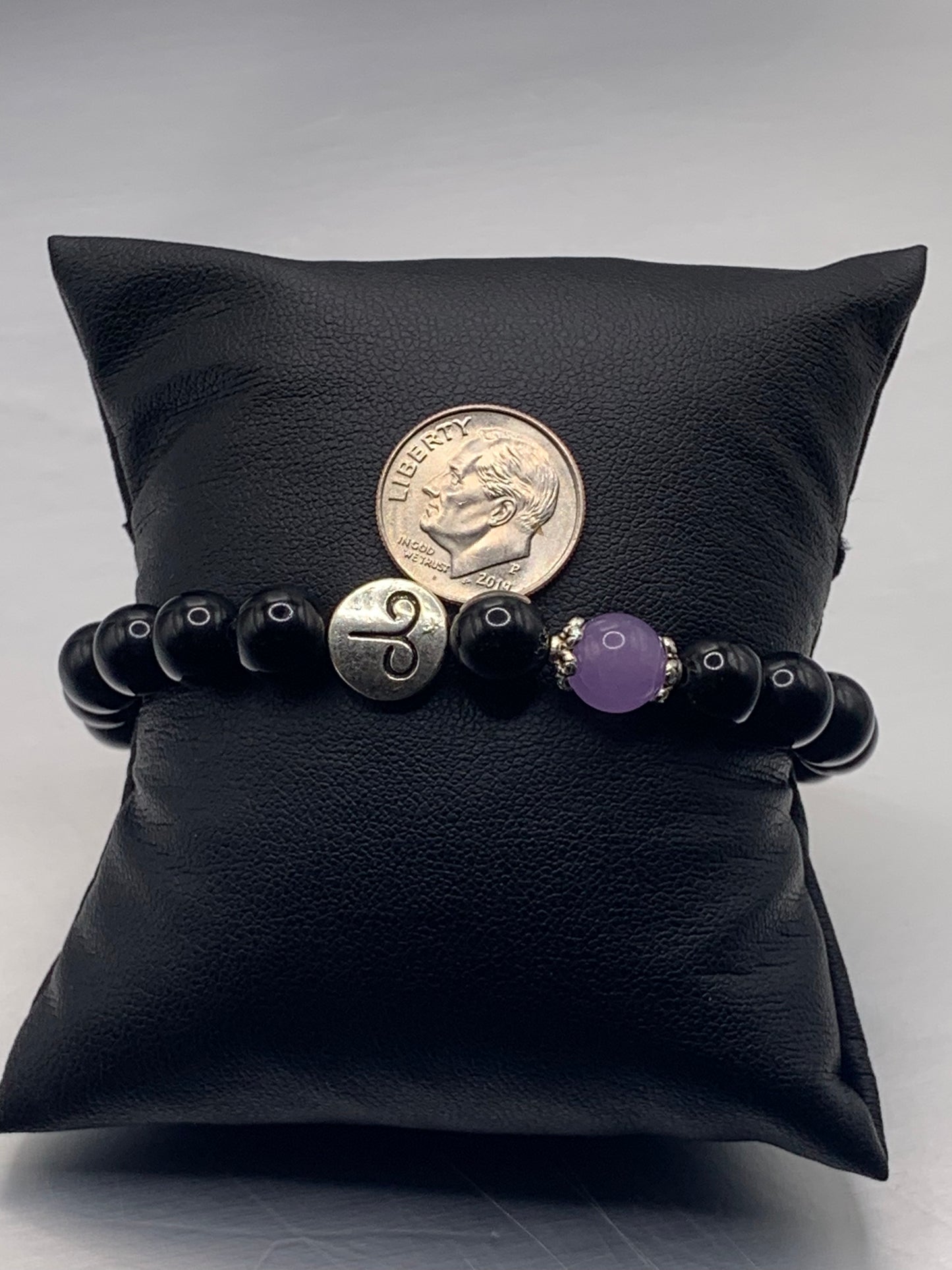 Aries Zodiac black obsidian with lavender agate semi precious stone/crystal elastic beaded bracelet with silver accents