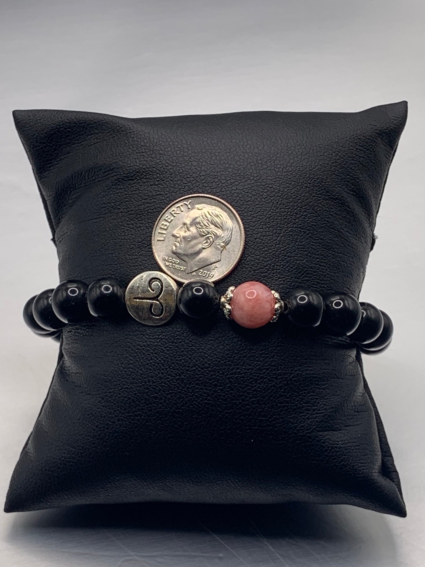 Aries Zodiac black obsidian with pink chalcedony semi precious stone/crystal elastic beaded bracelet with silver accents