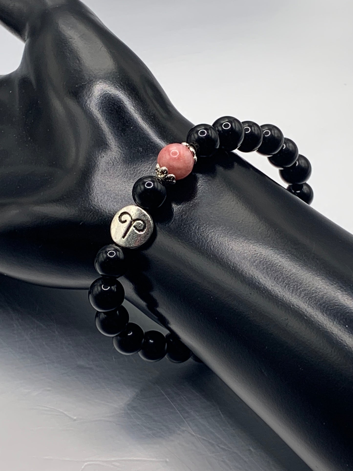 Aries Zodiac black obsidian with pink chalcedony semi precious stone/crystal elastic beaded bracelet with silver accents