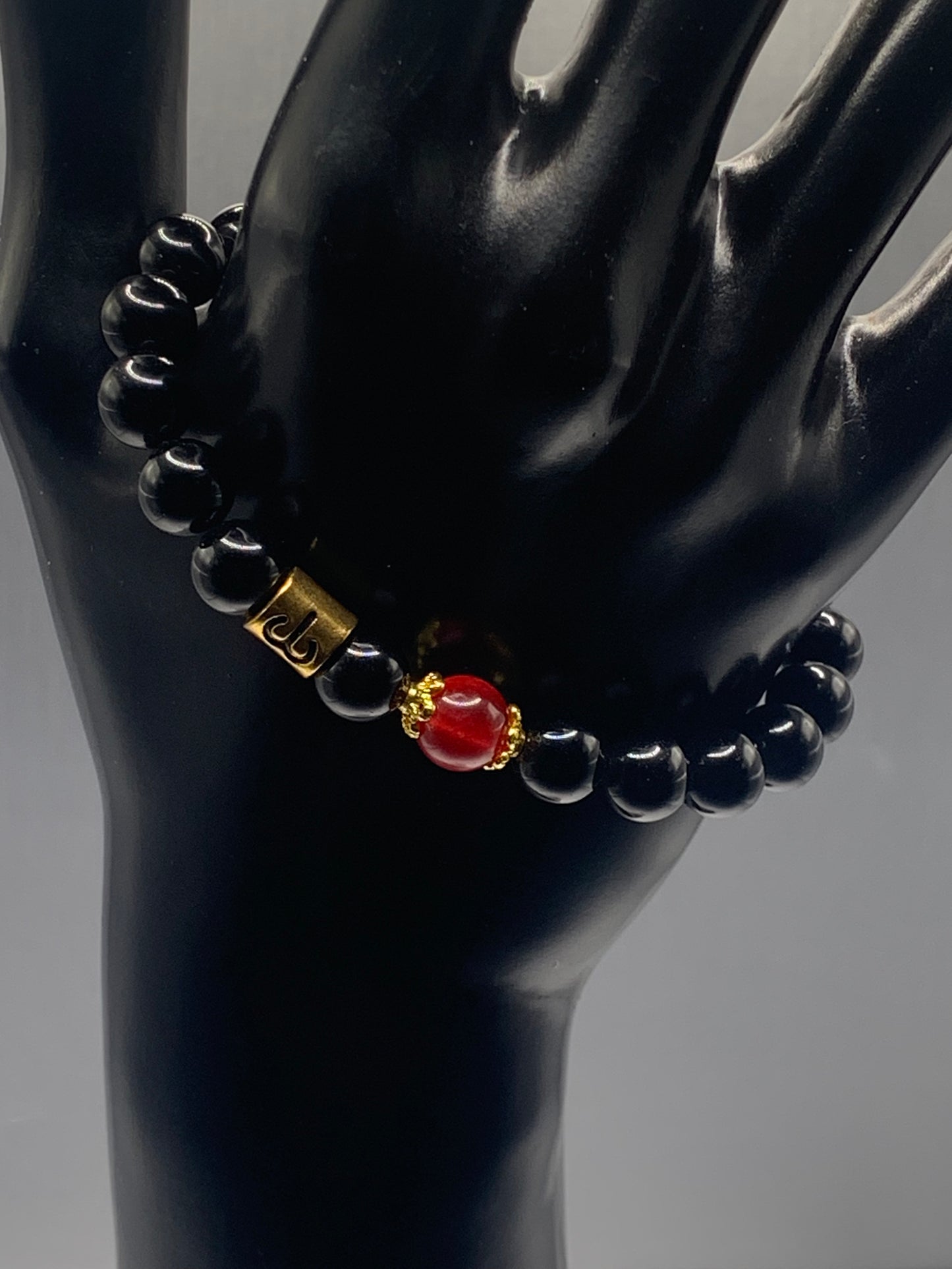Aries Zodiac black obsidian with red chalcedony semi precious stone/crystal elastic beaded bracelet with gold accents
