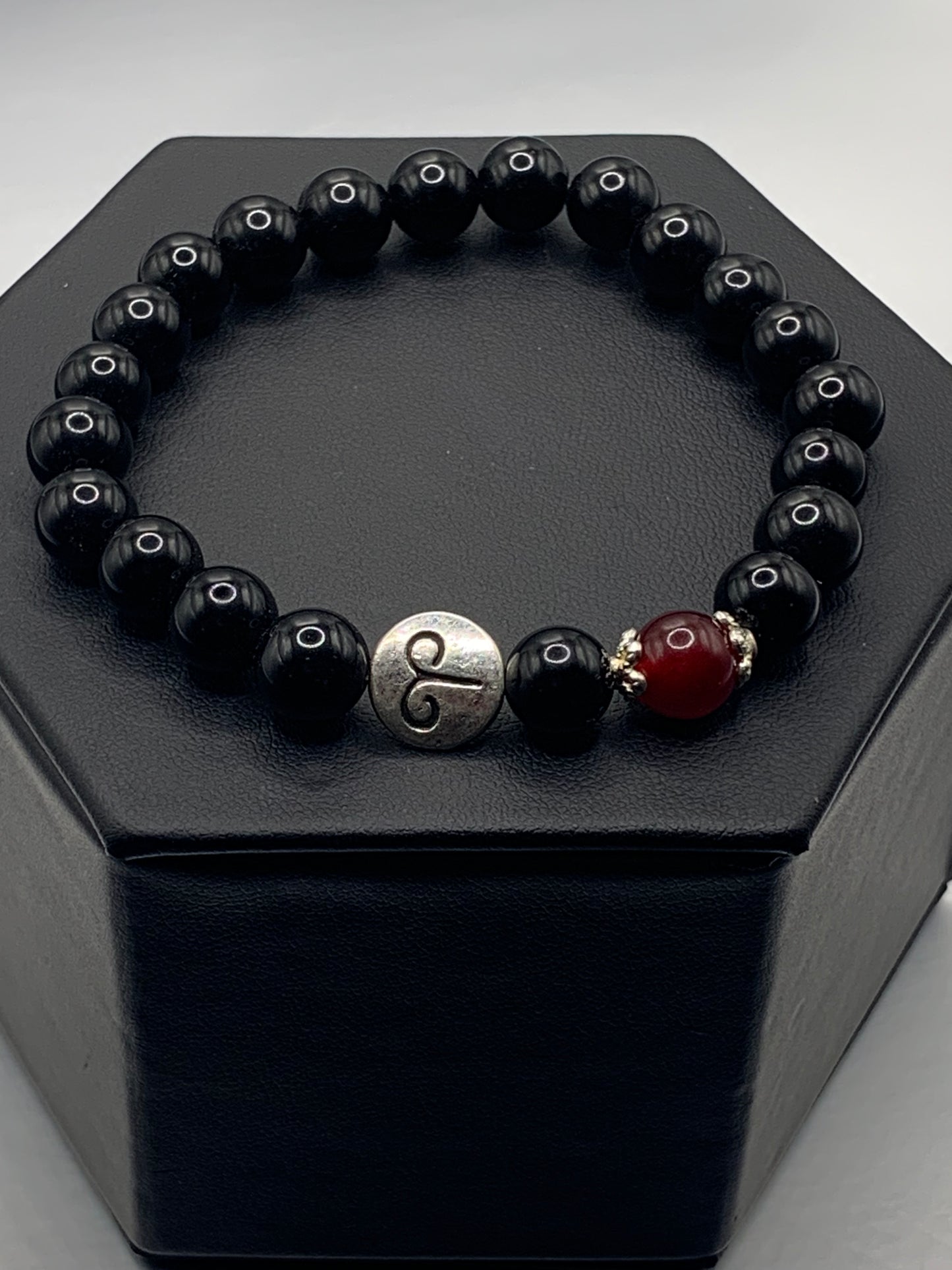 Aries Zodiac black obsidian with red chalcedony semi precious stone/crystal elastic beaded bracelet with silver accents