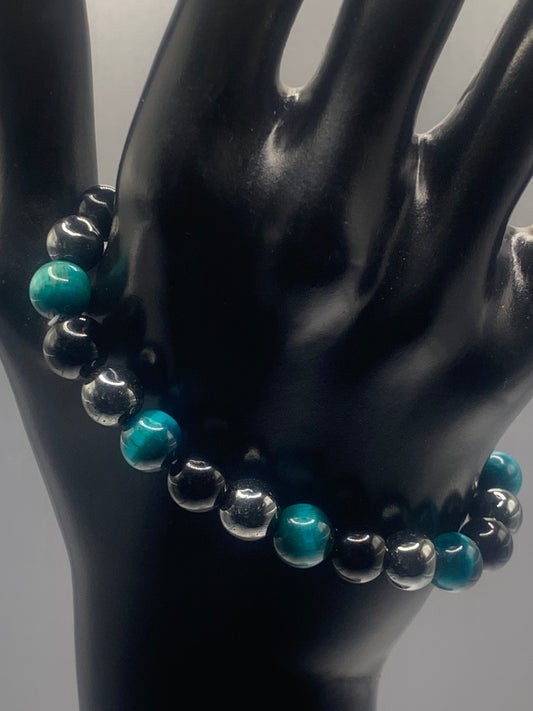 Hematite, black obsidian, and teal blue tigers eye semi precious stone/crystal elastic beaded bracelet