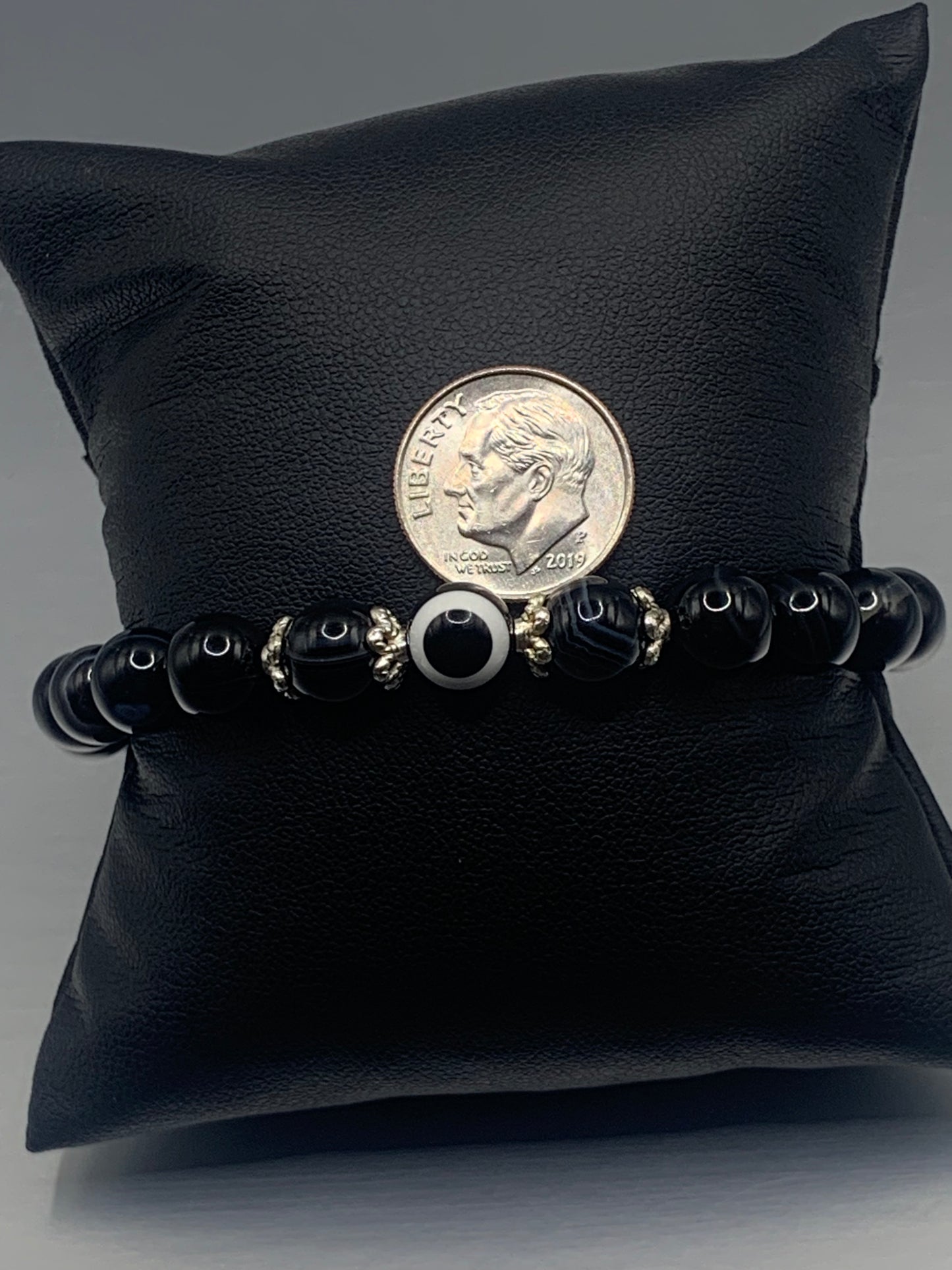 Black lace agate semi precious stone/crystal with resin evil eye beaded elastic bracelet