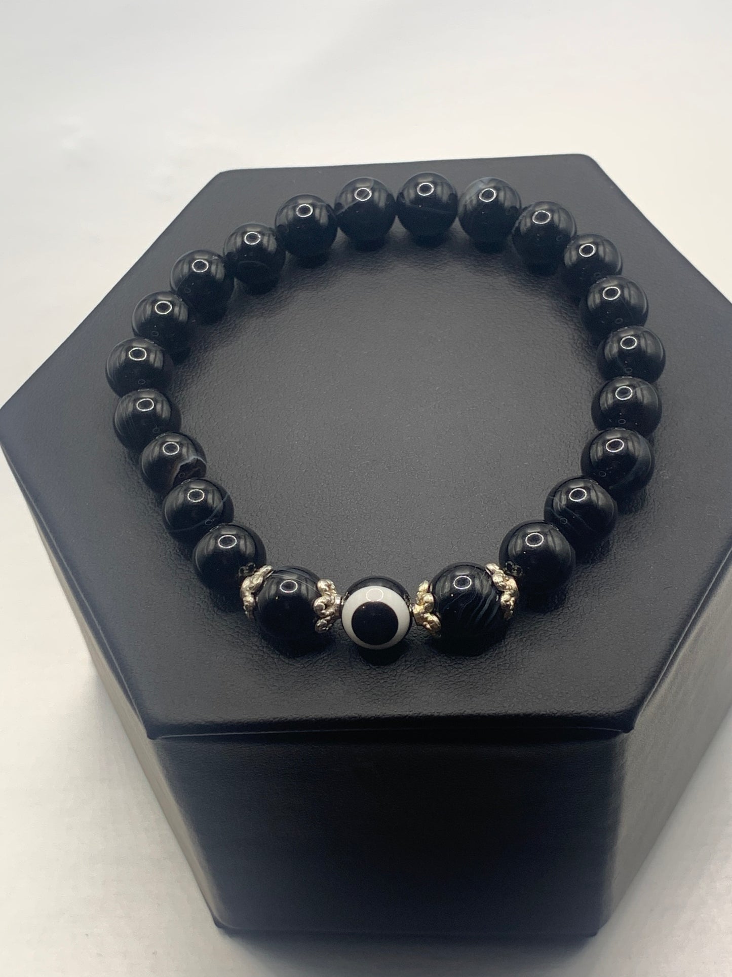 Black lace agate semi precious stone/crystal with resin evil eye beaded elastic bracelet