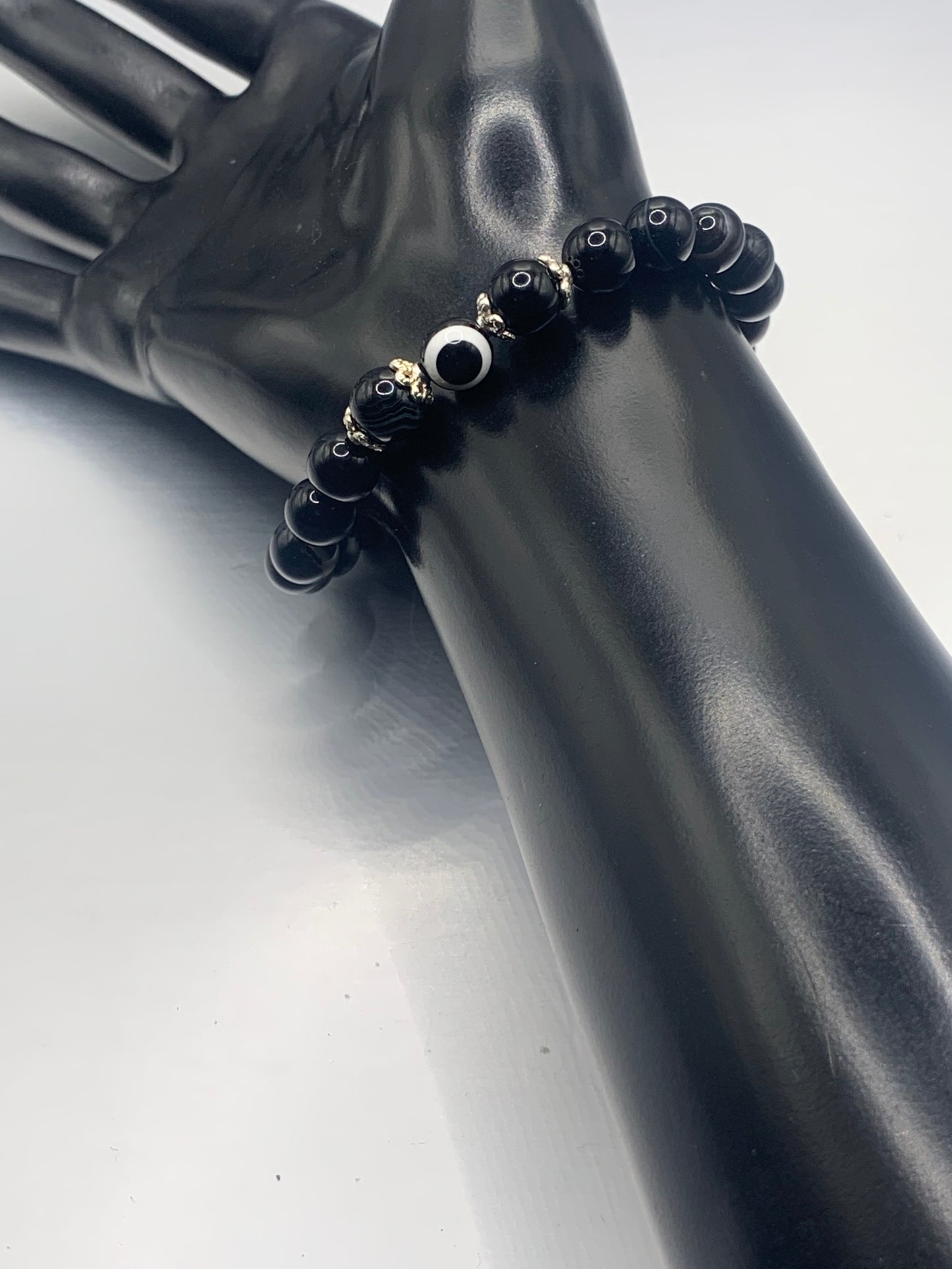 Black lace agate semi precious stone/crystal with resin evil eye beaded elastic bracelet