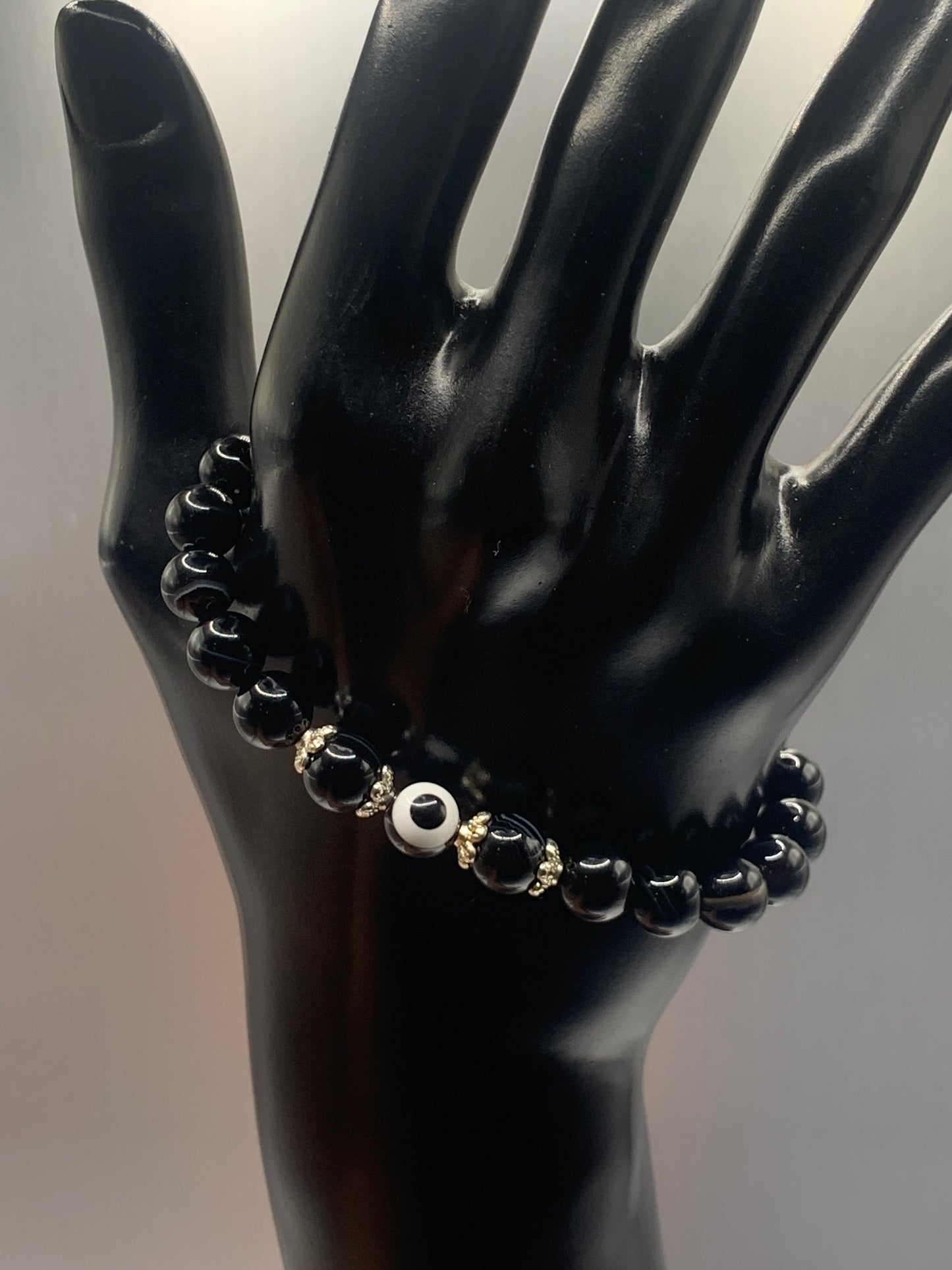 Black lace agate semi precious stone/crystal with resin evil eye beaded elastic bracelet