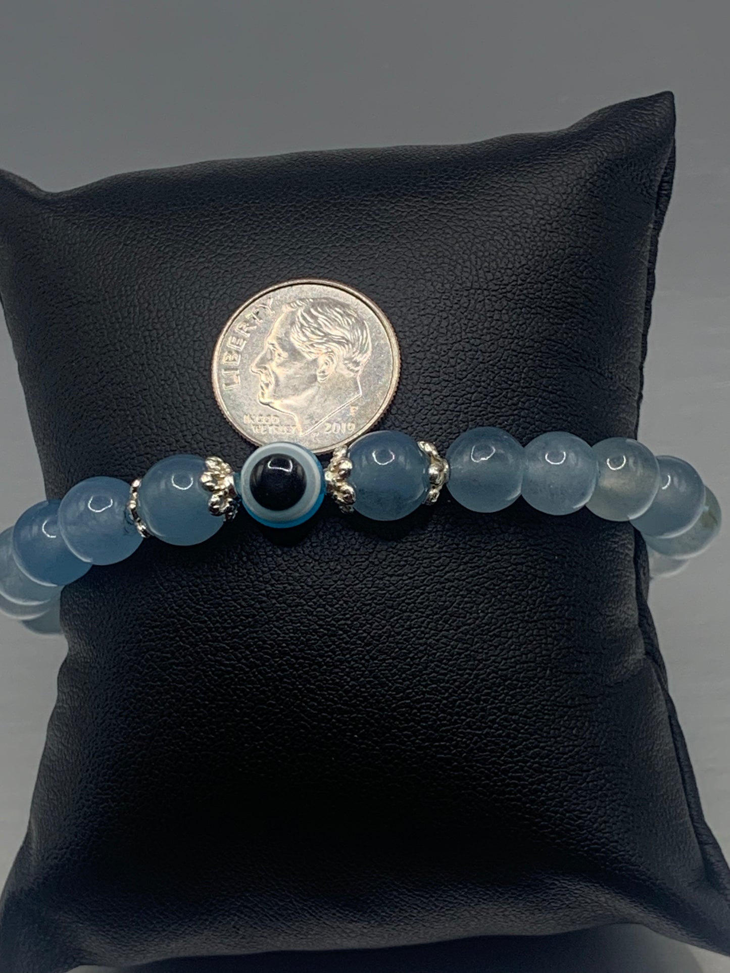 Blue agate semi precious stone/crystal with resin evil eye beaded elastic bracelet