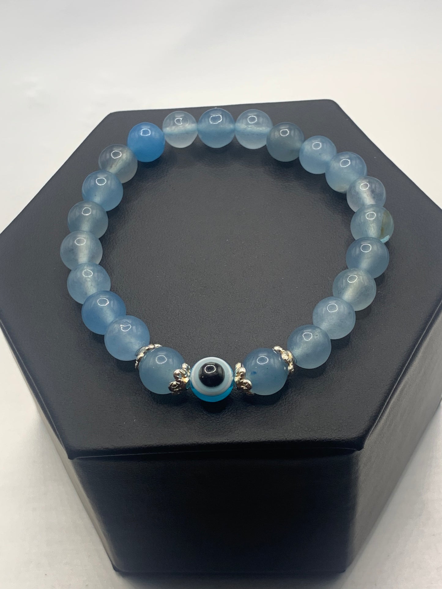 Blue agate semi precious stone/crystal with resin evil eye beaded elastic bracelet
