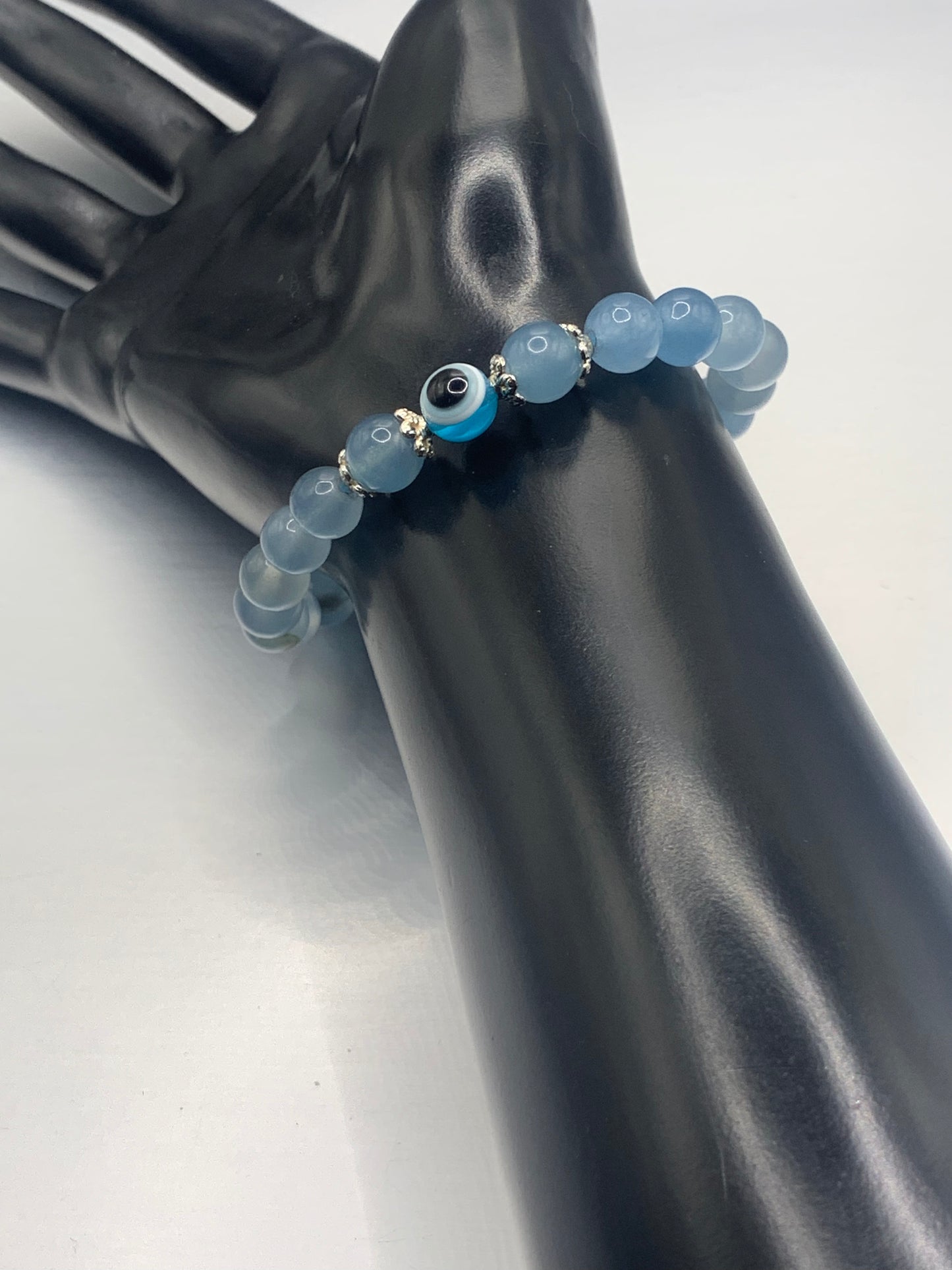 Blue agate semi precious stone/crystal with resin evil eye beaded elastic bracelet