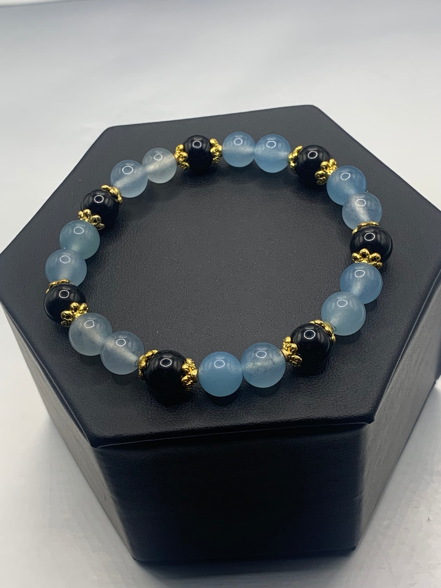 Black obsidian with blue agate semi precious stone/crystal beaded elastic bracelet with gold plated flower bead caps