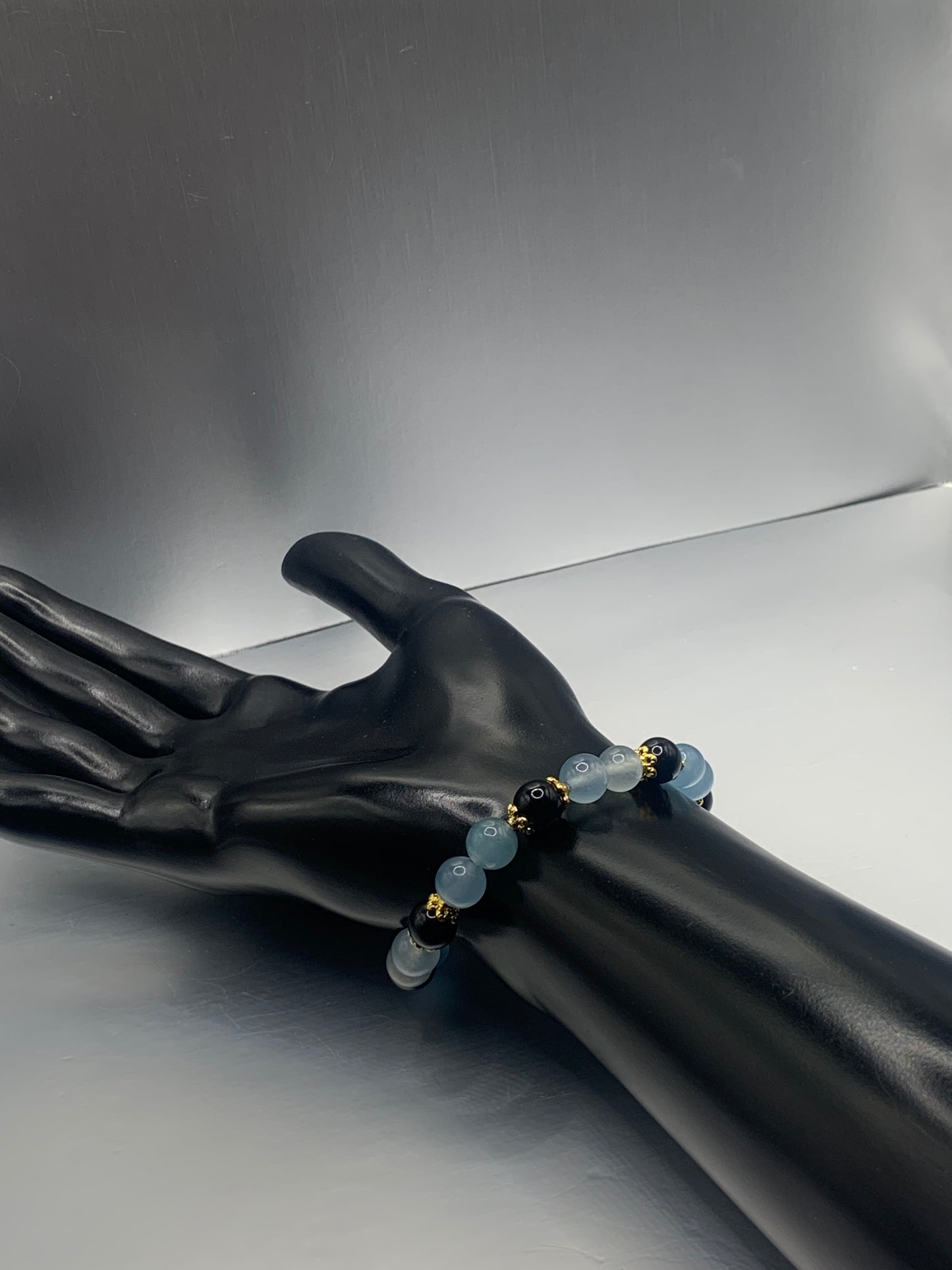 Black obsidian with blue agate semi precious stone/crystal beaded elastic bracelet with gold plated flower bead caps