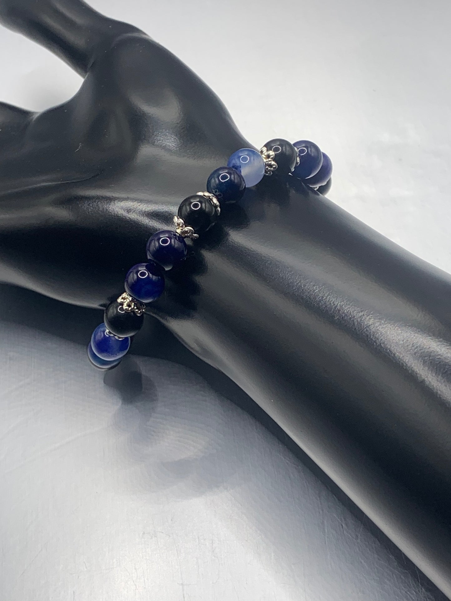 Black obsidian with blue lace agate semi precious stone/crystal beaded elastic bracelet with silver plated flower bead caps