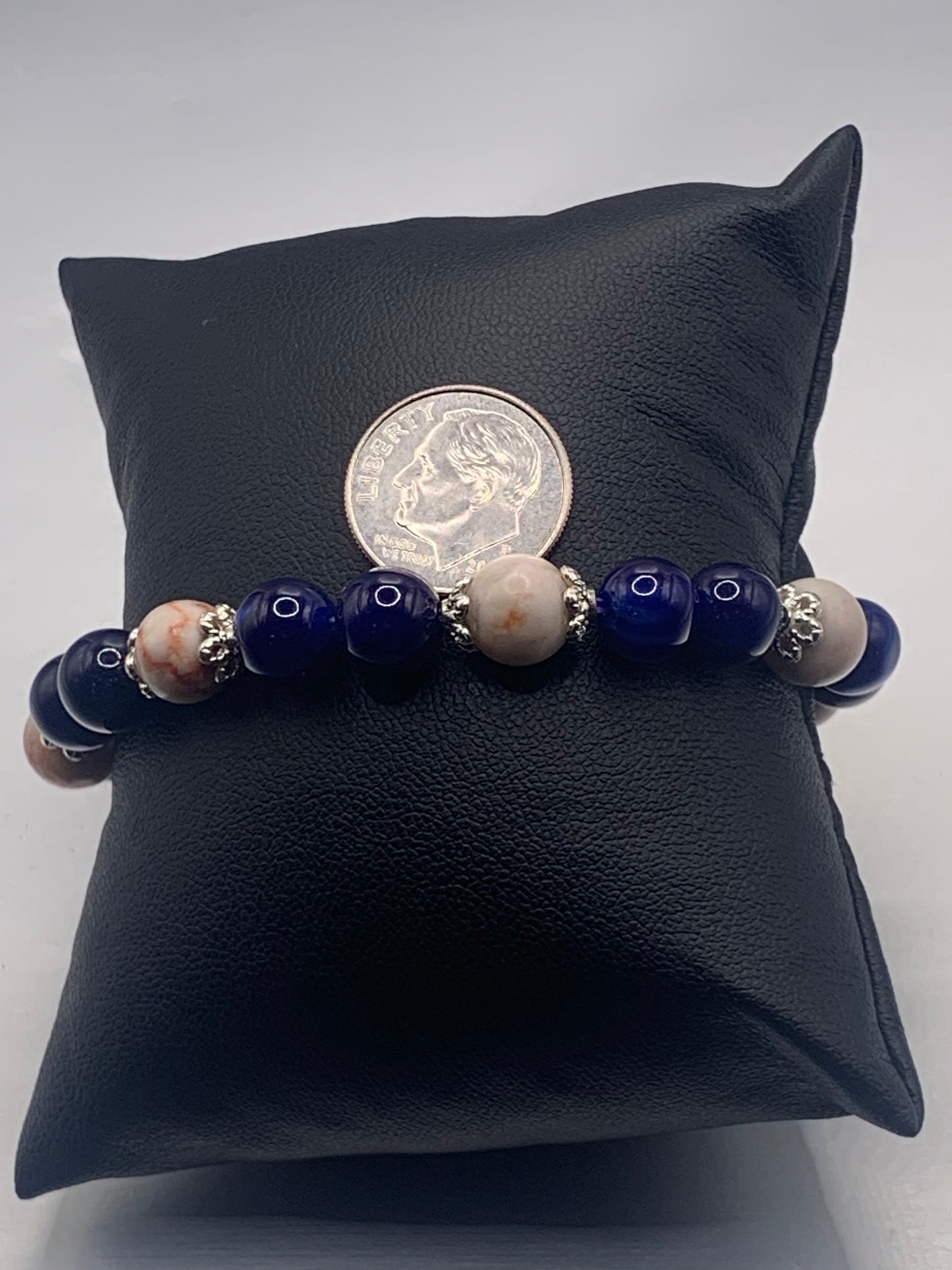 Red vein jasper and blue lace agate semi precious stone/crystal elastic beaded bracelet with silver plated flower bead caps
