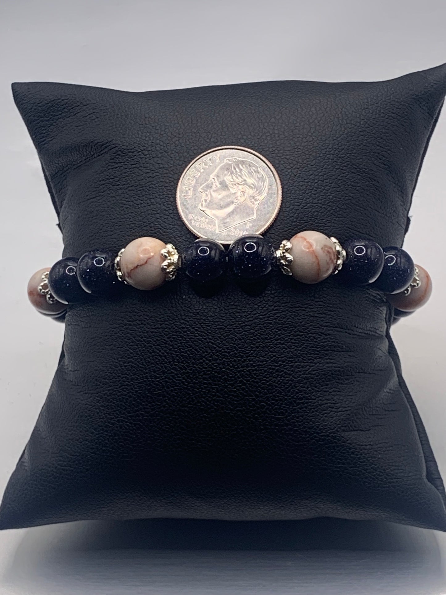 Red vein jasper and blue sandstone semi precious stone/crystal elastic beaded bracelet with silver plated flower bead caps