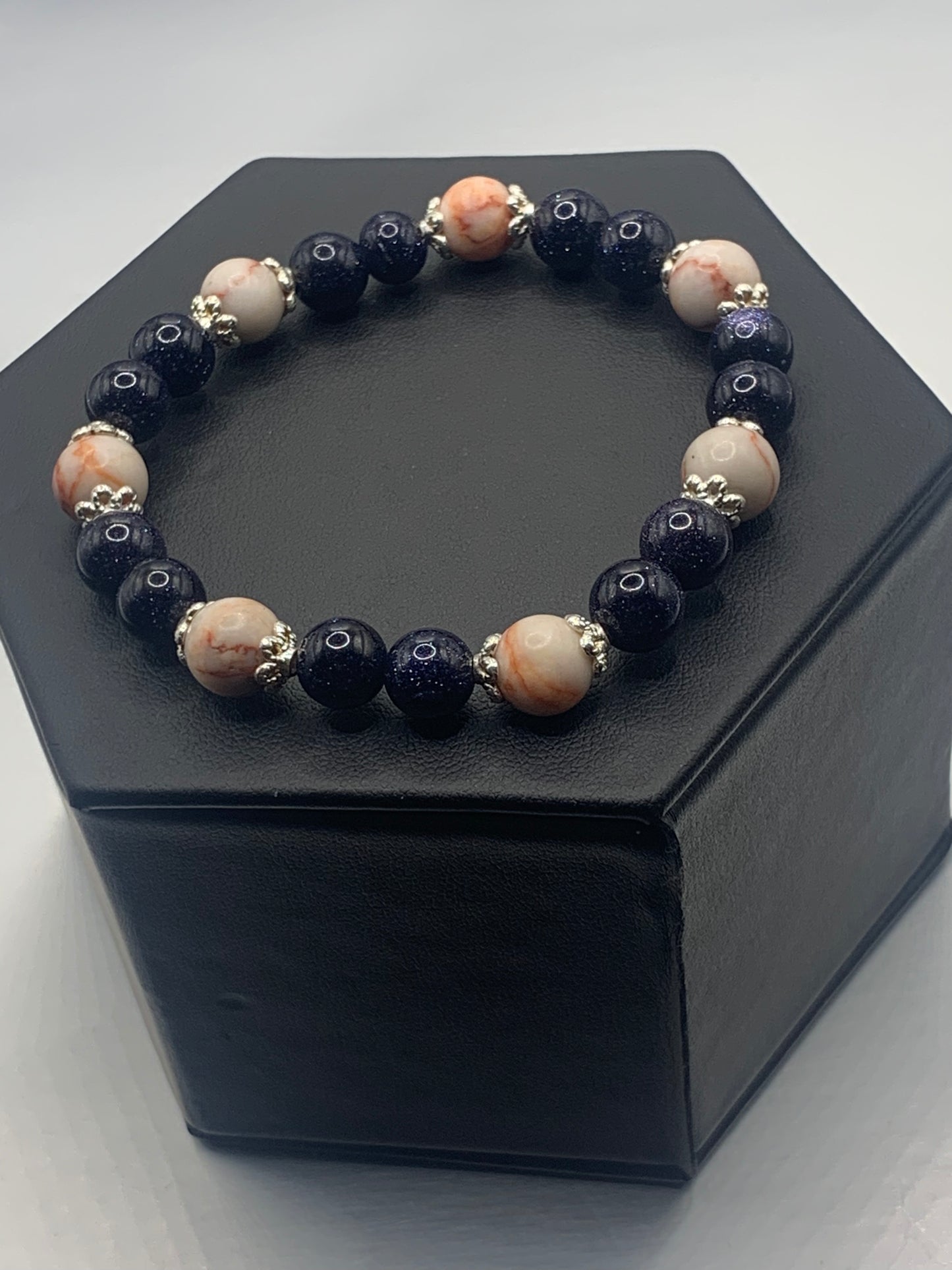 Red vein jasper and blue sandstone semi precious stone/crystal elastic beaded bracelet with silver plated flower bead caps