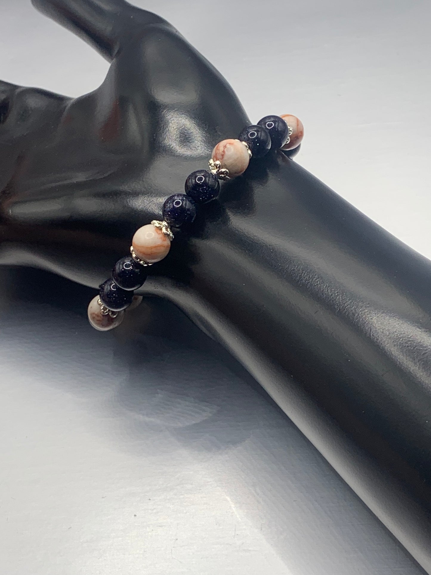 Red vein jasper and blue sandstone semi precious stone/crystal elastic beaded bracelet with silver plated flower bead caps