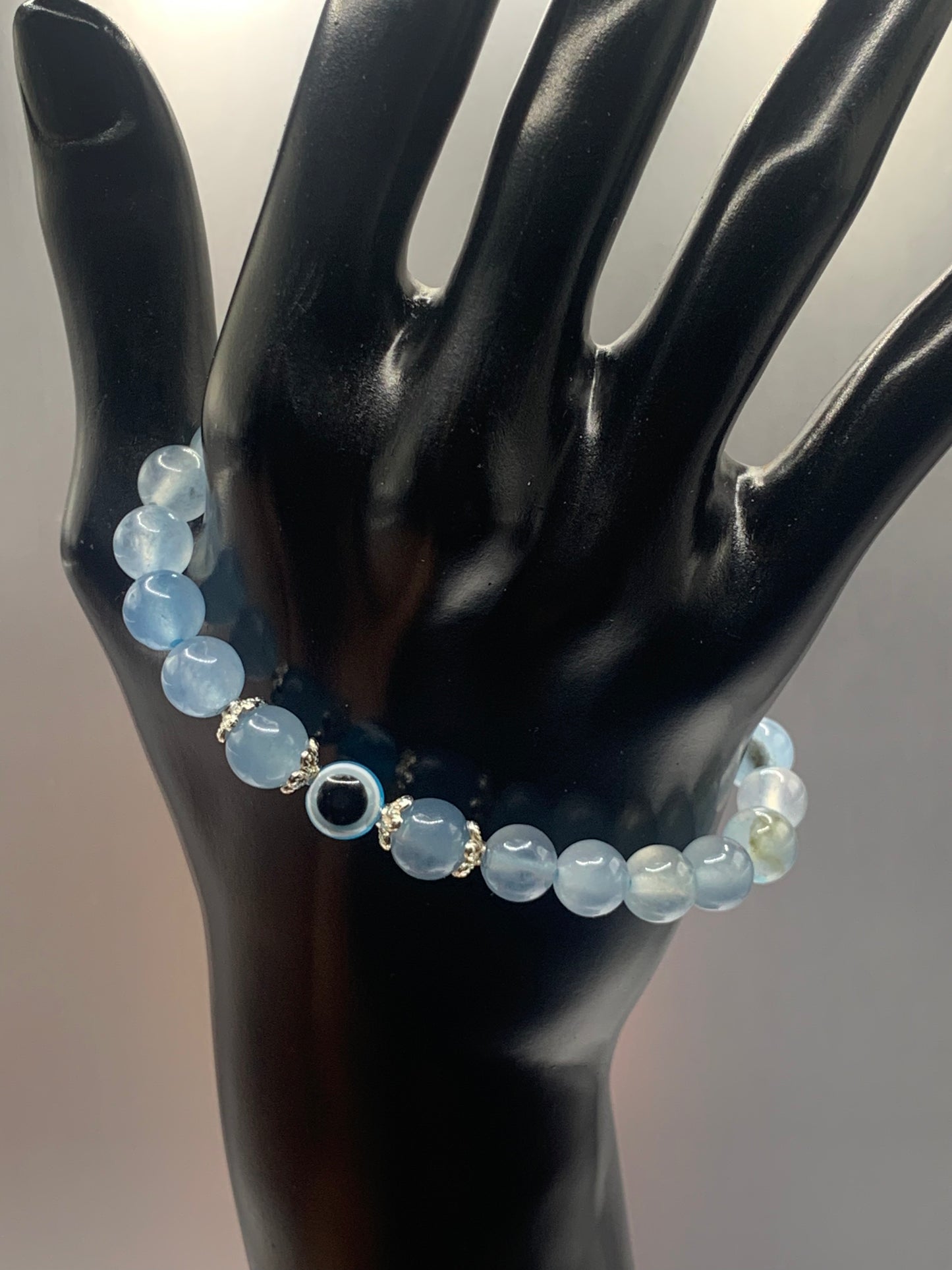 Blue agate semi precious stone/crystal with resin evil eye beaded elastic bracelet