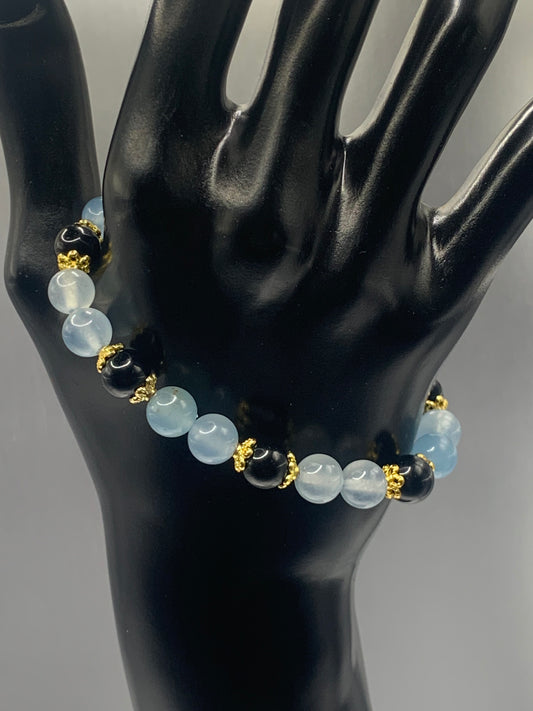 Black obsidian with blue agate semi precious stone/crystal beaded elastic bracelet with gold plated flower bead caps