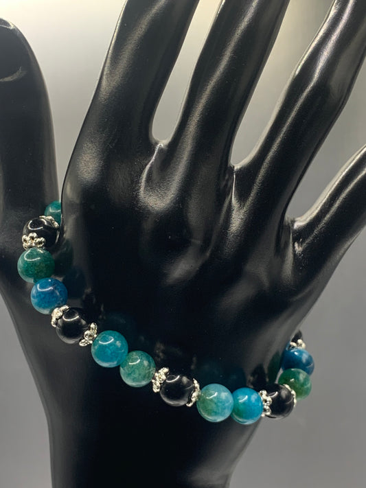 Black obsidian with blue apatite semi precious stone/crystal beaded elastic bracelet with silver plated flower bead caps