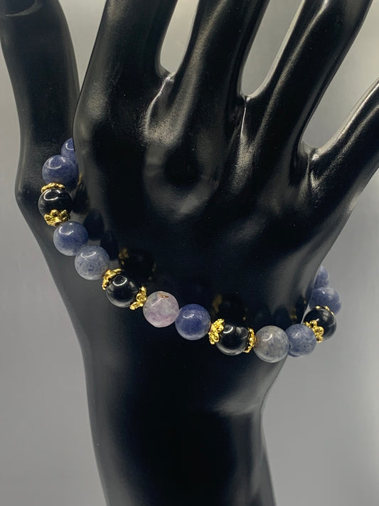 Black obsidian with blue aventurine semi precious stone/crystal beaded elastic bracelet with gold plated flower bead caps