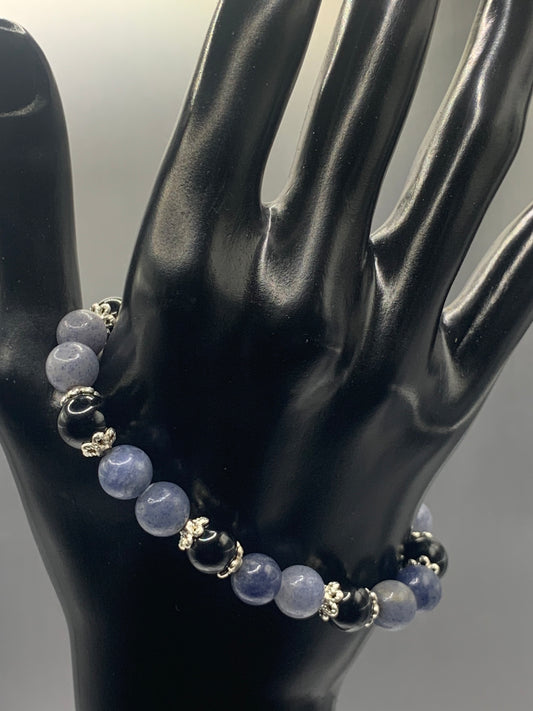 Black obsidian with blue aventurine semi precious stone/crystal beaded elastic bracelet with silver plated flower bead caps