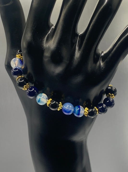 Black obsidian with blue lace agate semi precious stone/crystal beaded elastic bracelet with gold plated flower bead caps