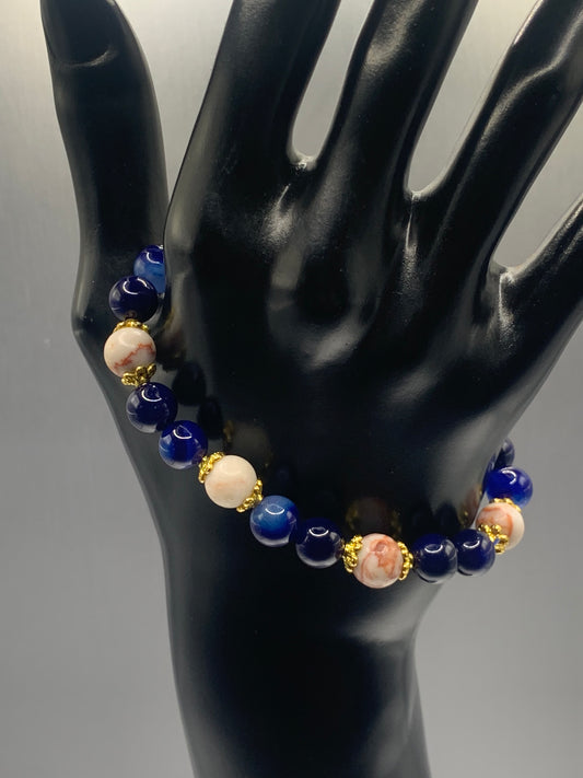 Red vein jasper and blue lace agate semi precious stone/crystal elastic beaded bracelet with gold plated flower bead caps