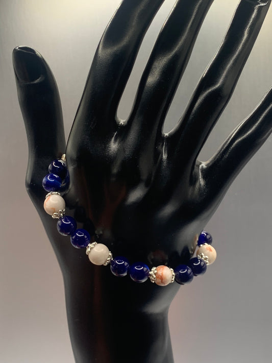 Red vein jasper and blue lace agate semi precious stone/crystal elastic beaded bracelet with silver plated flower bead caps