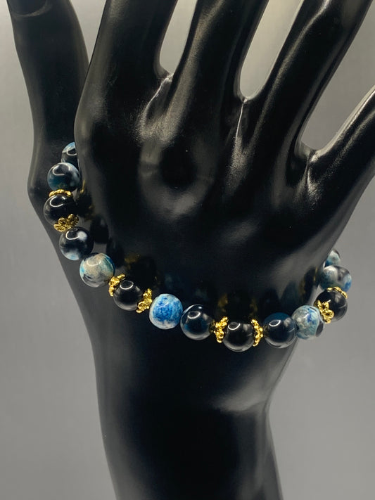 Black obsidian with blue orca agate semi precious stone/crystal beaded elastic bracelet with gold plated flower bead caps