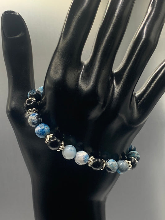 Black obsidian with blue orca agate semi precious stone/crystal beaded elastic bracelet with silver plated flower bead caps