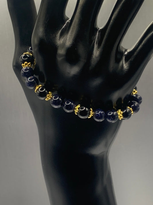 Black obsidian with blue sandstone semi precious stone/crystal beaded elastic bracelet with gold plated flower bead caps