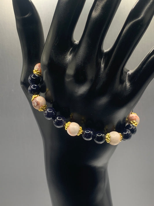 Red vein jasper and blue sandstone semi precious stone/crystal elastic beaded bracelet with gold plated flower bead caps