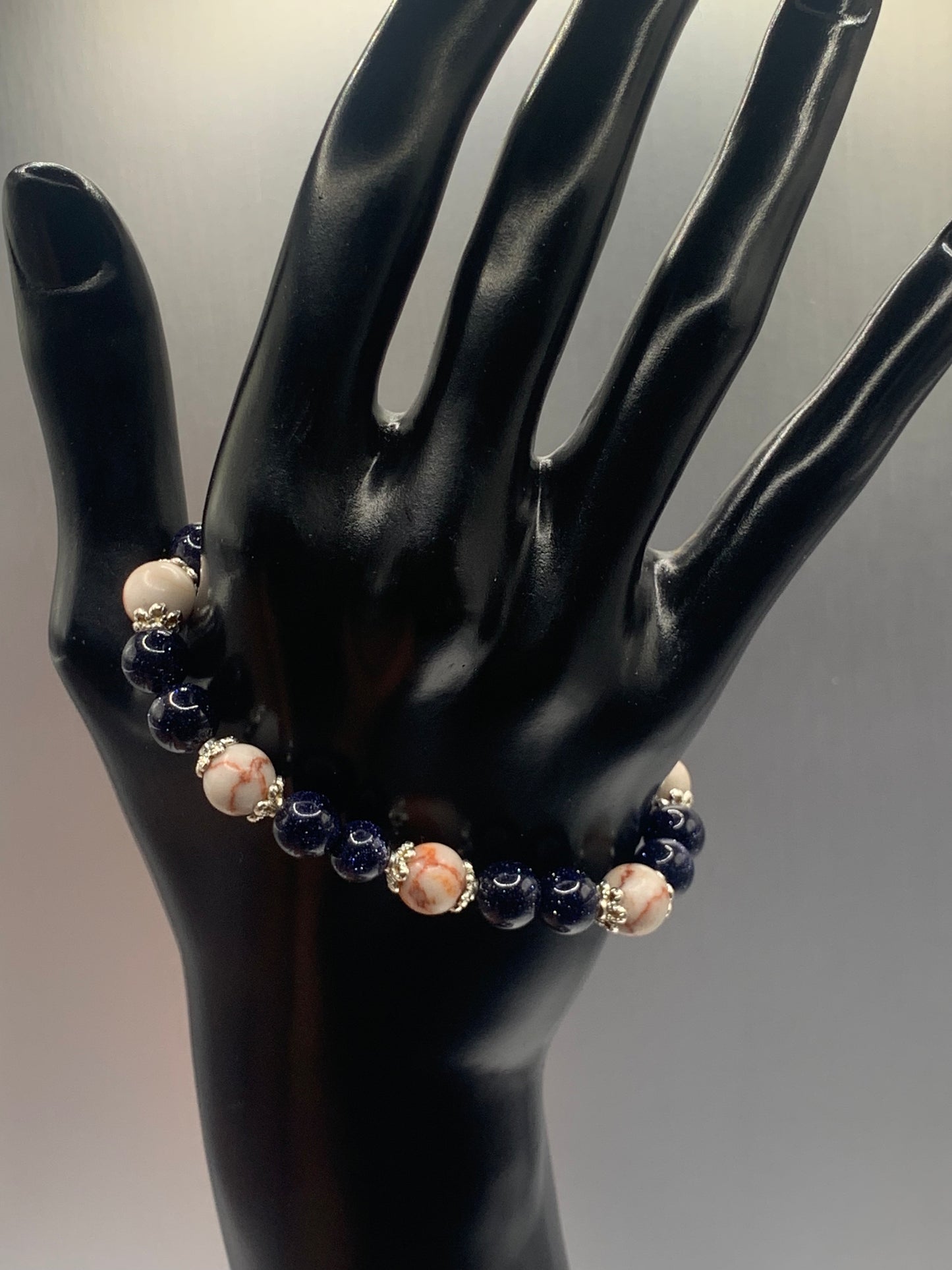 Red vein jasper and blue sandstone semi precious stone/crystal elastic beaded bracelet with silver plated flower bead caps