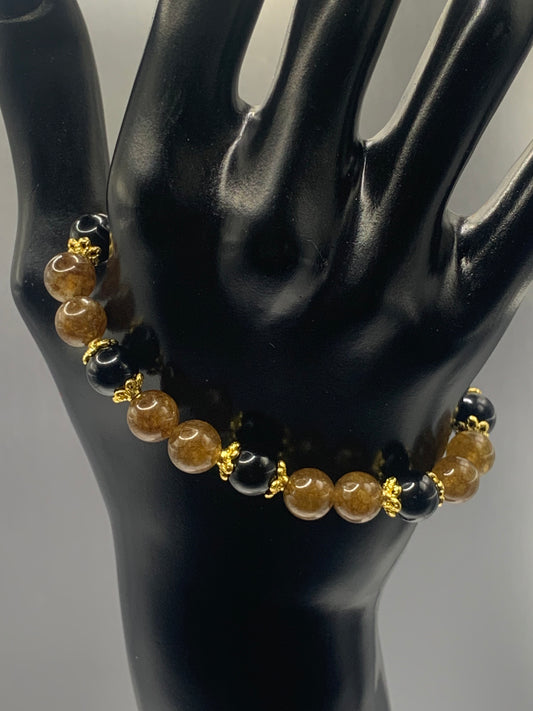 Black obsidian with brown tourmaline semi precious stone/crystal beaded elastic bracelet with gold plated flower bead caps
