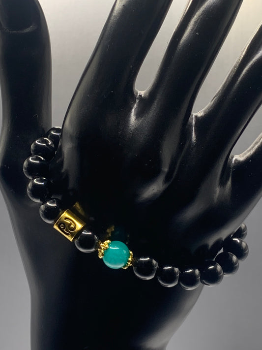 Cancer Zodiac black obsidian with opalite semi precious stone/crystal elastic beaded bracelet with gold accents