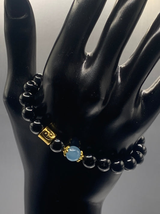 Cancer Zodiac black obsidian with blue agate semi precious stone/crystal elastic beaded bracelet with gold accents