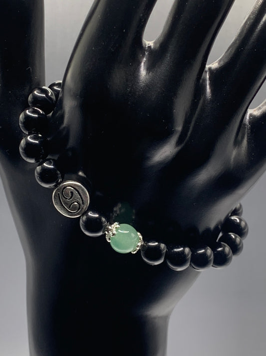 Cancer Zodiac black obsidian with green aventurine semi precious stone/crystal elastic beaded bracelet with silver accents