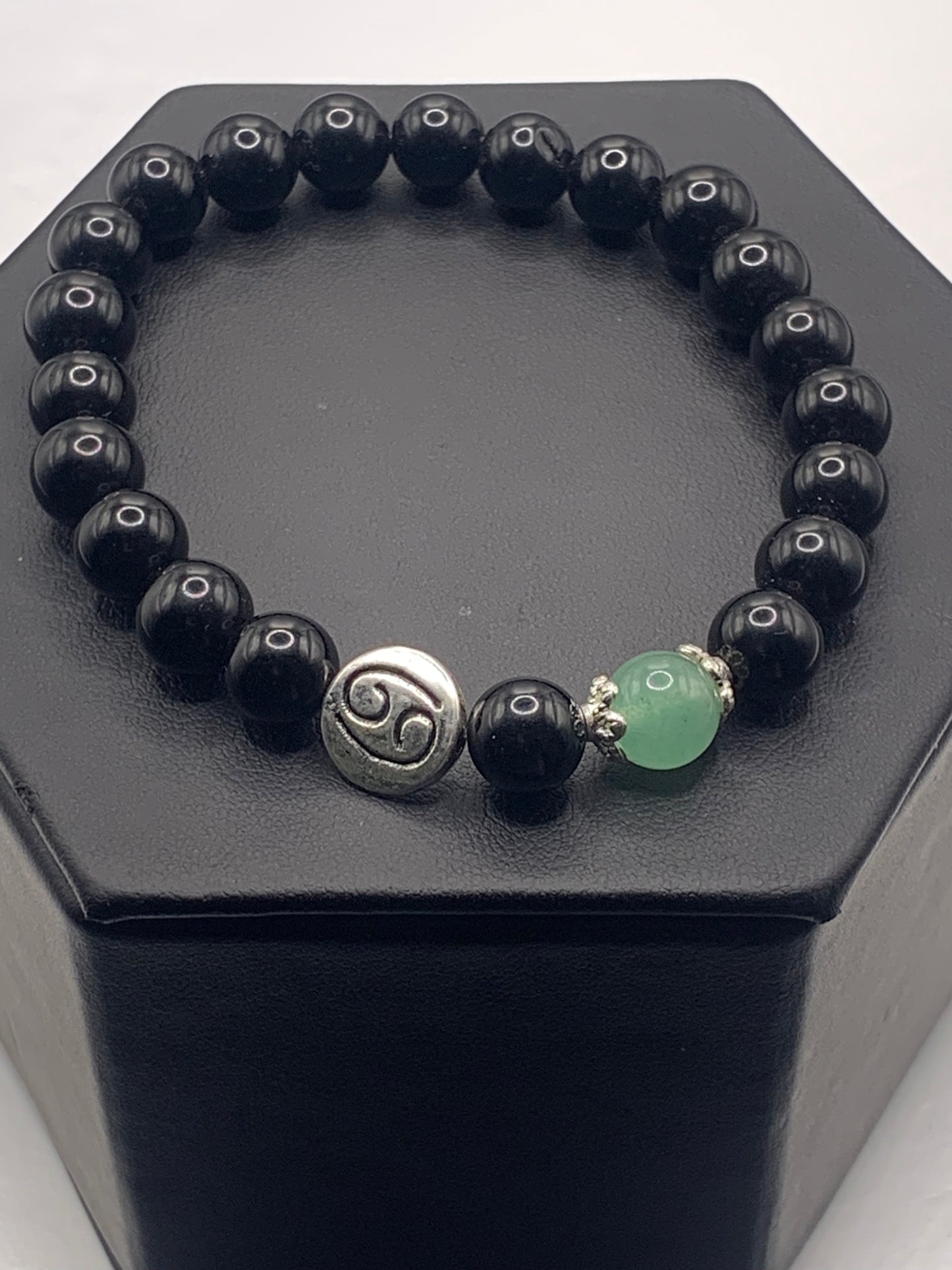 Cancer Zodiac black obsidian with green aventurine semi precious stone/crystal elastic beaded bracelet with silver accents