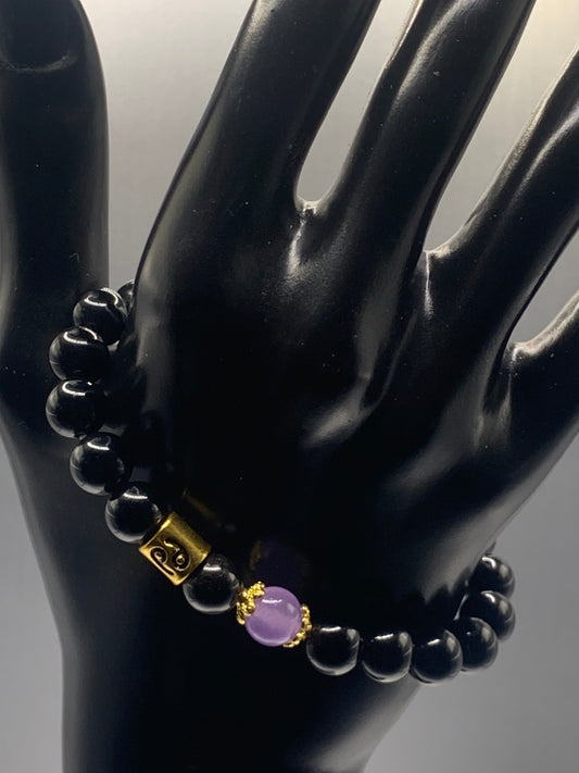 Cancer Zodiac black obsidian with lavender agate semi precious stone/crystal elastic beaded bracelet with gold accents