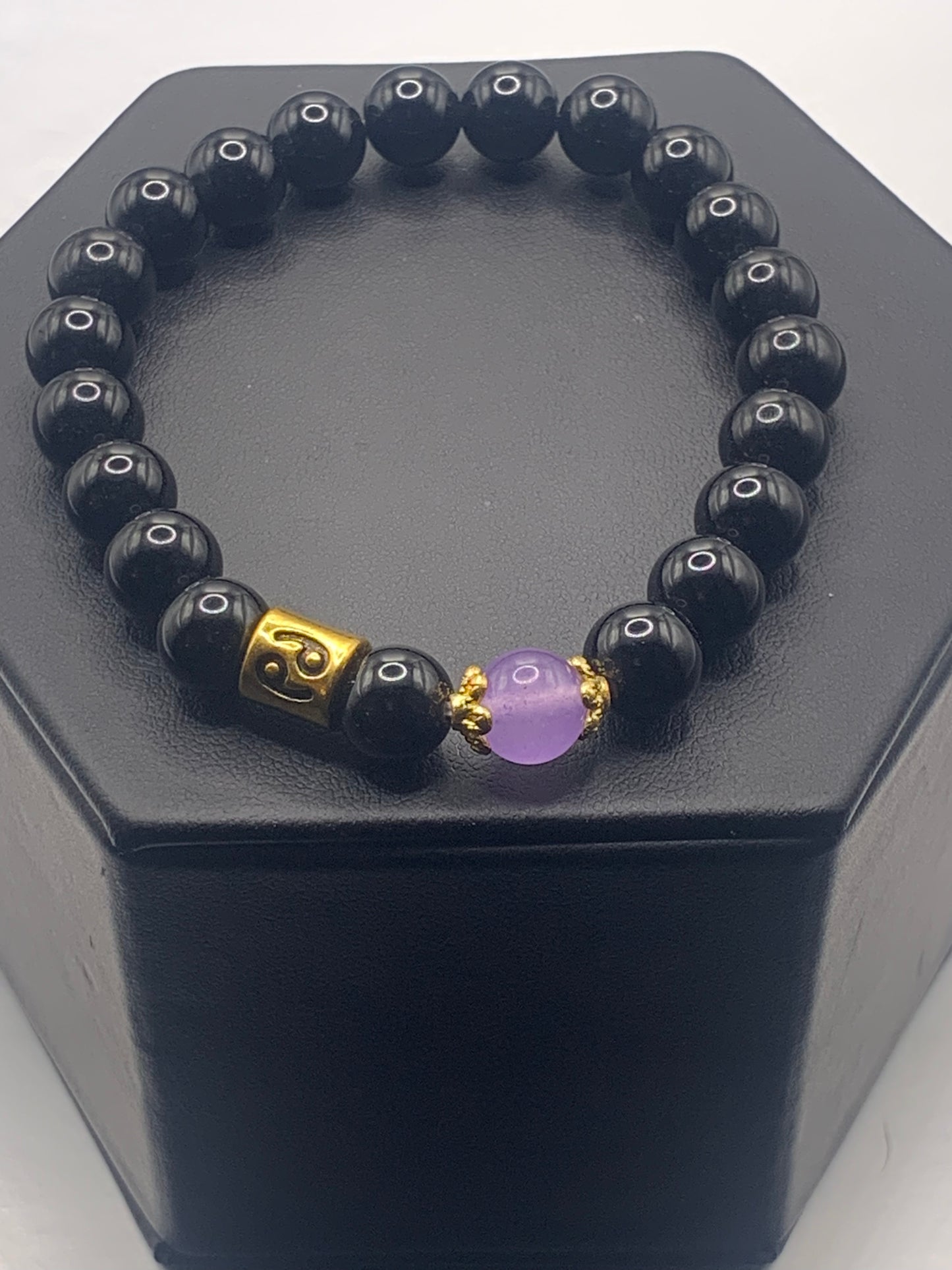 Cancer Zodiac black obsidian with lavender agate semi precious stone/crystal elastic beaded bracelet with gold accents