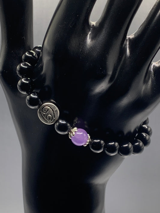Cancer Zodiac black obsidian with lavender agate semi precious stone/crystal elastic beaded bracelet with silver accents