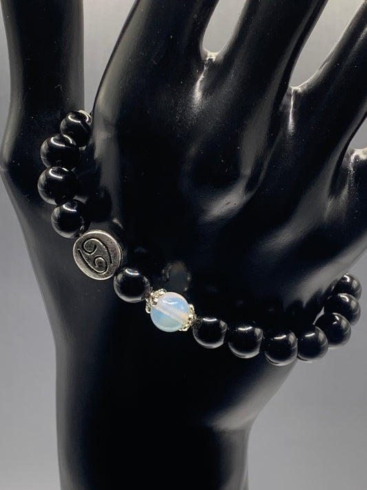 Cancer Zodiac black obsidian with opalite semi precious stone/crystal elastic beaded bracelet with silver accents