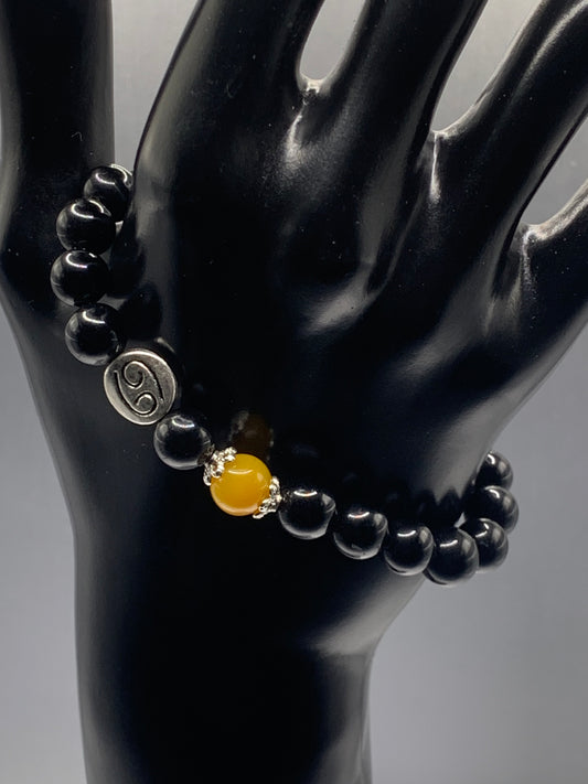 Cancer Zodiac black obsidian with orange agate semi precious stone/crystal elastic beaded bracelet with silver accents