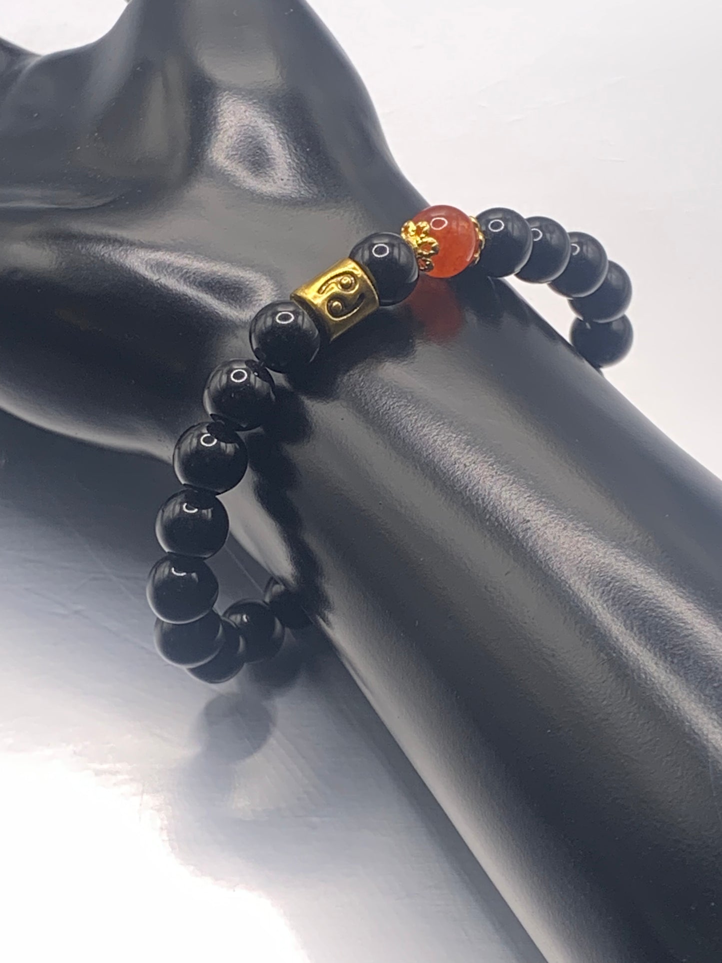 Cancer Zodiac black obsidian with phoenix agate semi precious stone/crystal elastic beaded bracelet with gold accents