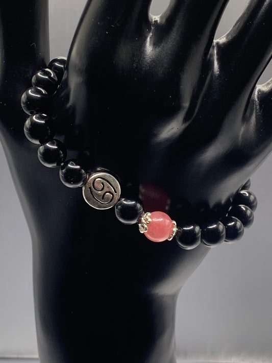 Cancer Zodiac black obsidian with pink chalcedony semi precious stone/crystal elastic beaded bracelet with silver accents