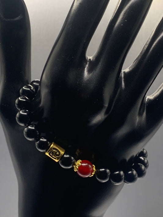 Cancer Zodiac black obsidian with red chalcedony semi precious stone/crystal elastic beaded bracelet with gold accents