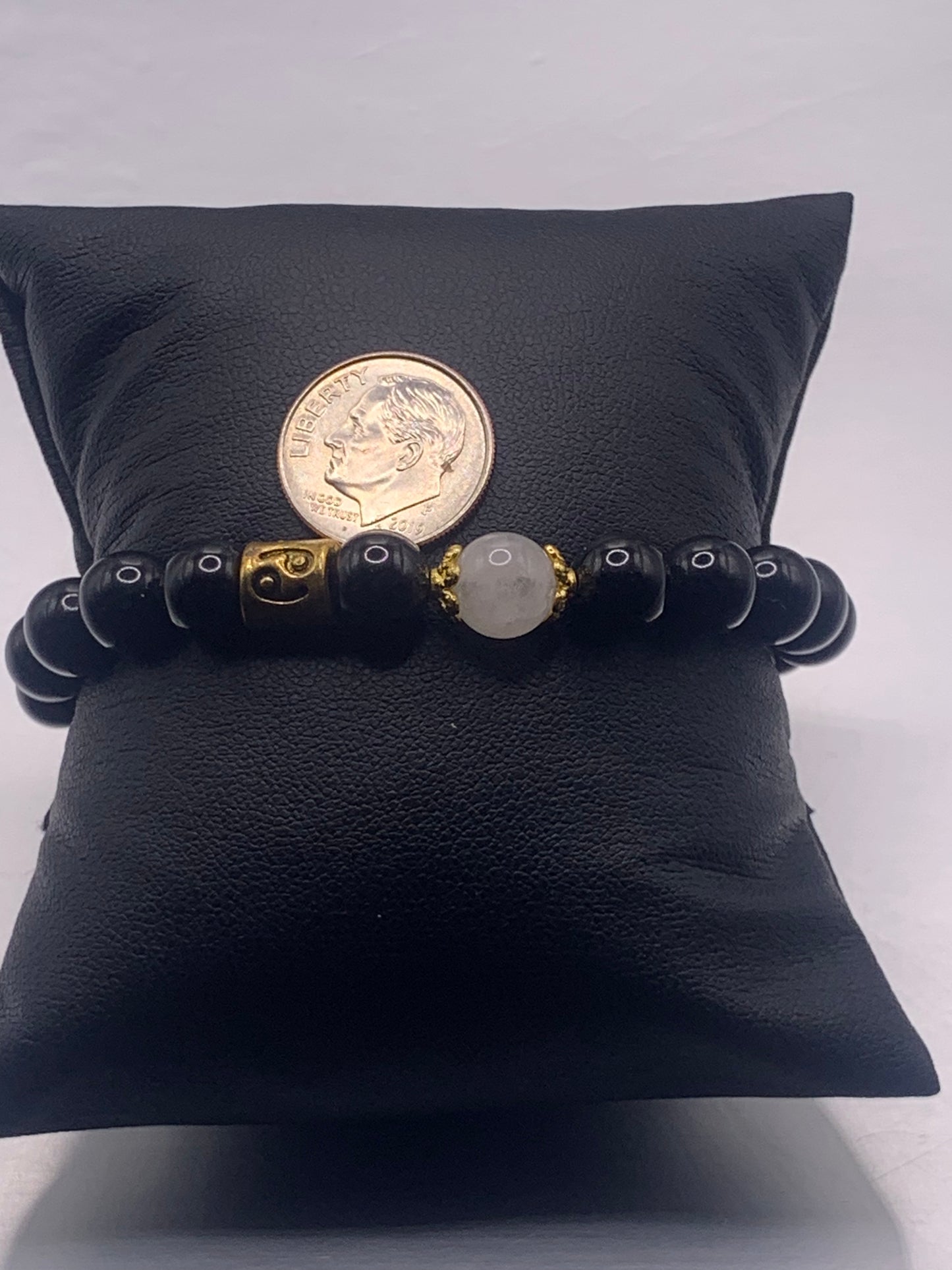 Cancer Zodiac black obsidian with white chalcedony semi precious stone/crystal elastic beaded bracelet with gold accents