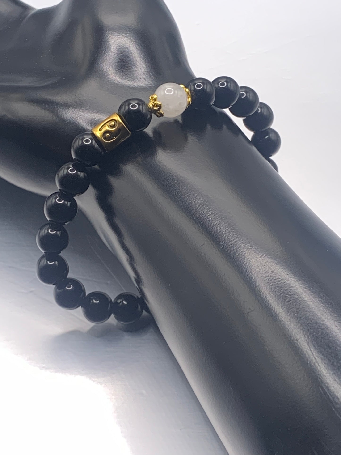 Cancer Zodiac black obsidian with white chalcedony semi precious stone/crystal elastic beaded bracelet with gold accents