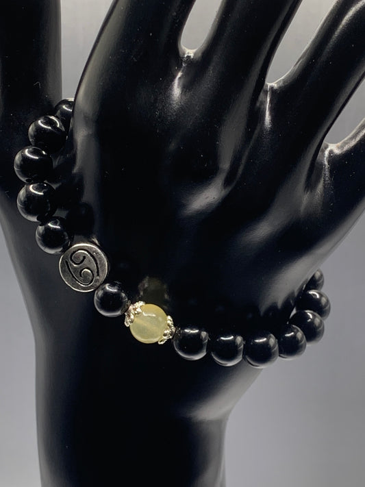 Cancer Zodiac black obsidian with yellow agate semi precious stone/crystal elastic beaded bracelet with silver accents