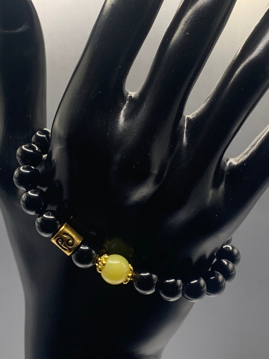 Cancer Zodiac black obsidian with yellow jade semi precious stone/crystal elastic beaded bracelet with gold accents